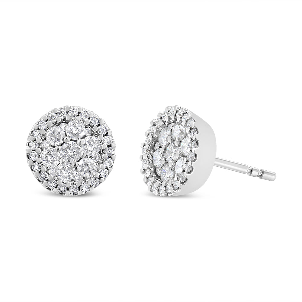 Round-Cut Natural Diamond Halo Cluster Button Stud Earrings in 14K White Gold (G-H, I1–I2) – 1.0 Cttw, AGS Certified