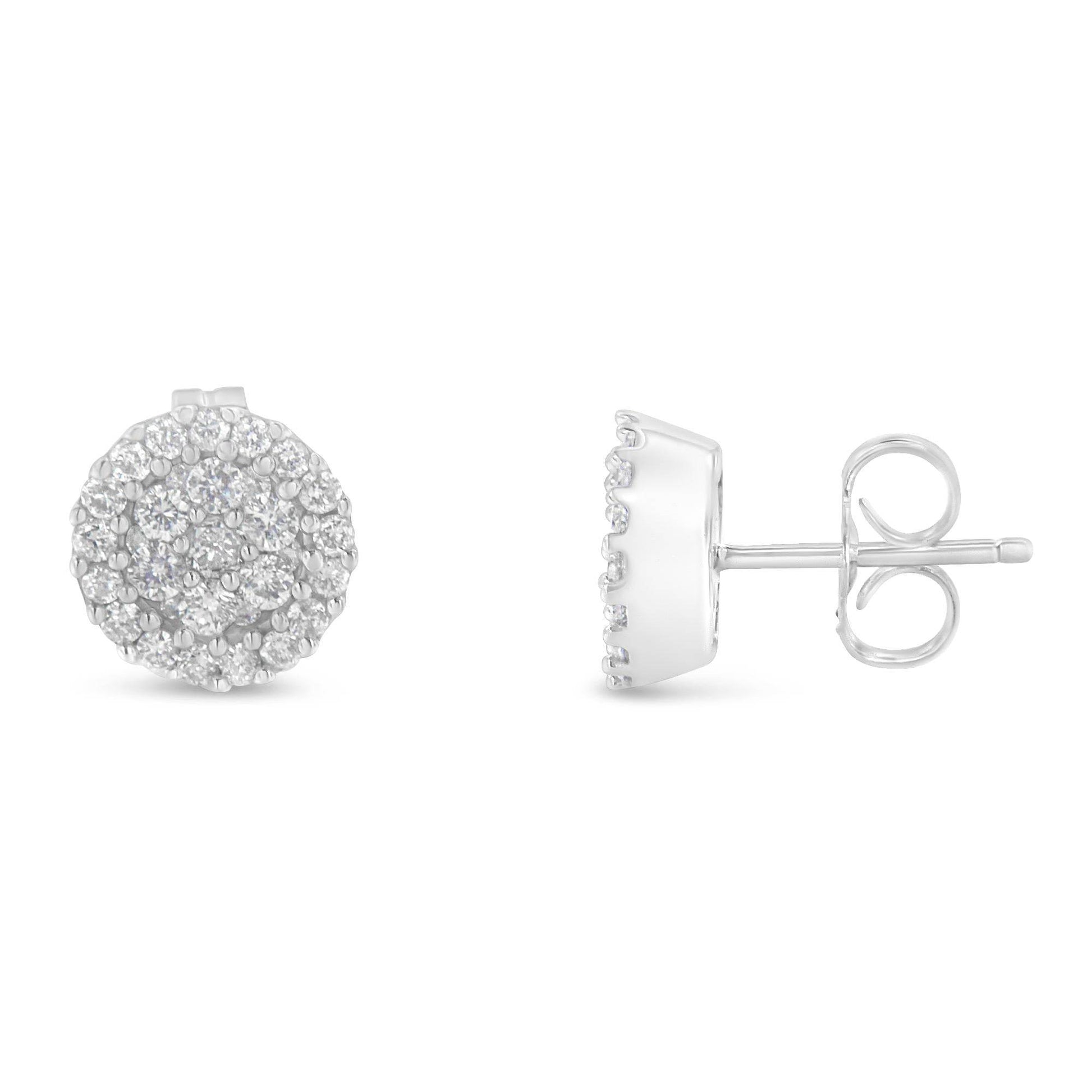 14K White Gold 1/2 Cttw Brilliant-Cut Diamond Halo-Style Cluster Round Button Stud Earrings (H-I Color, I1-I2 Clarity) - Bijoux-NYC Direct