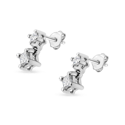 14K White Gold 1/4 Cttw 4 Prong Set Princess-Cut Double Diamond Drop and Dangle Stud Earrings (I-J Color, I2-I3 Clarity) - Bijoux-NYC Direct