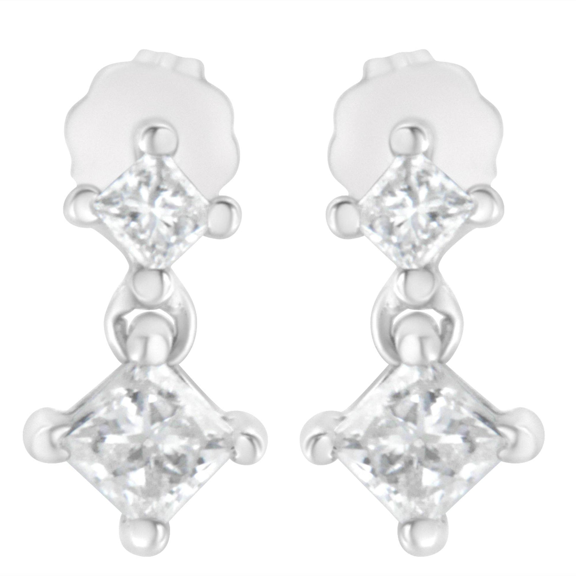 14K White Gold 3/4 cttw Double Diamond Princess-Cut Stud Earrings (I-J Clarity, I2-I3 Color) - Bijoux-NYC Direct