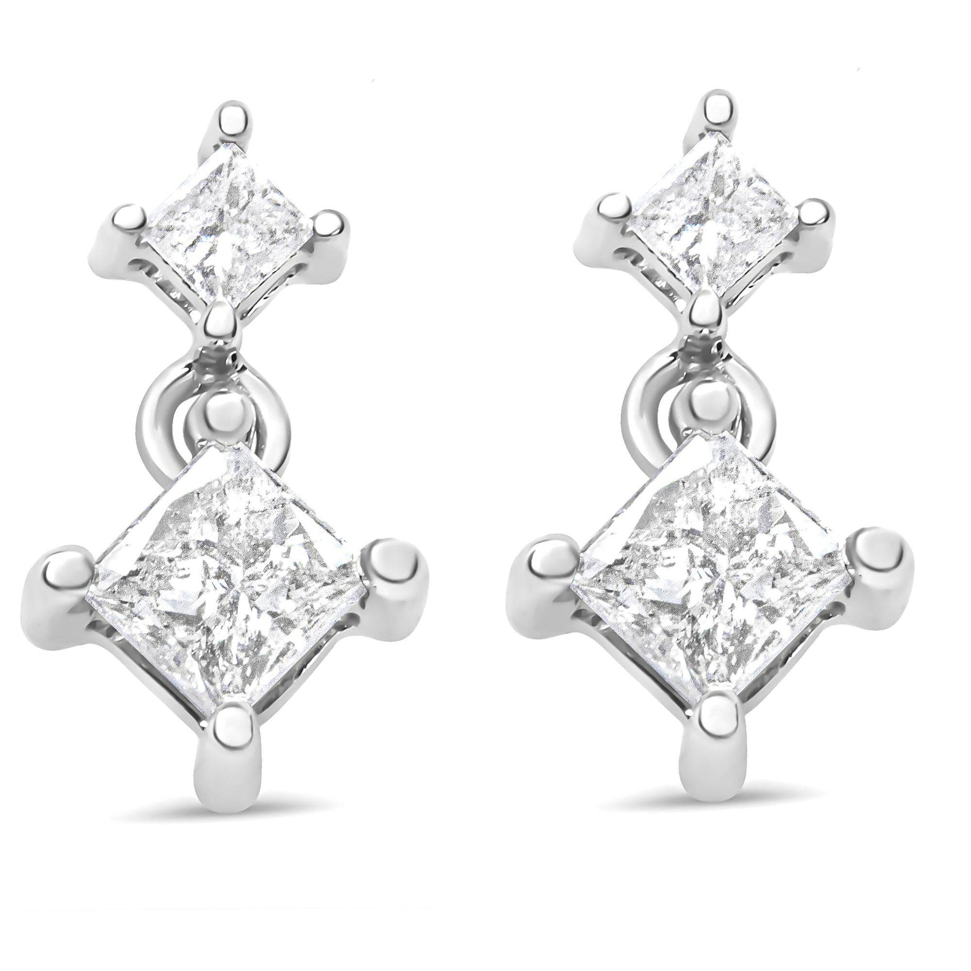 14K White Gold 1.0 Cttw Princess-Cut Double Diamond Drop Stud Earrings for Women (H-I Color, I1-I2 Clarity) - Bijoux-NYC Direct