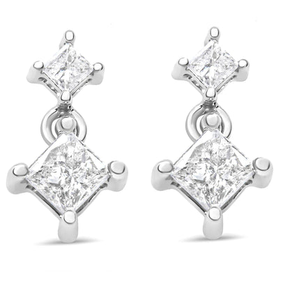 14K White Gold 1.0 Cttw Princess-Cut Double Diamond Drop Stud Earrings for Women (H-I Color, I1-I2 Clarity) - Bijoux-NYC Direct
