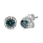 Pair of silver stud earrings with blue gemstones on a white background