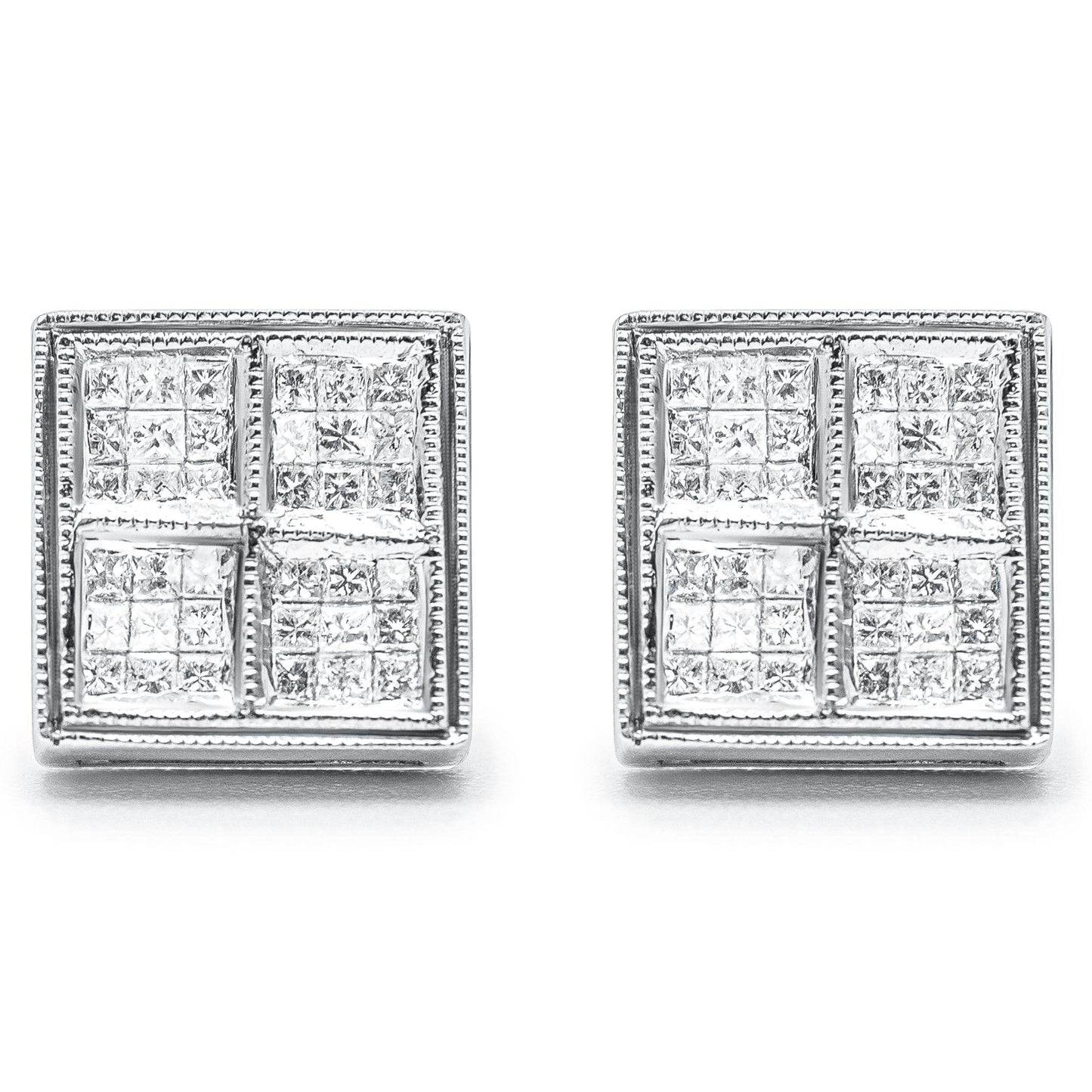 14K White Gold 1/2 Cttw Princess Diamond Composite Box Shape Milgrain Stud Earrings (H-I Color, SI1-SI2 Clarity) - Bijoux-NYC Direct