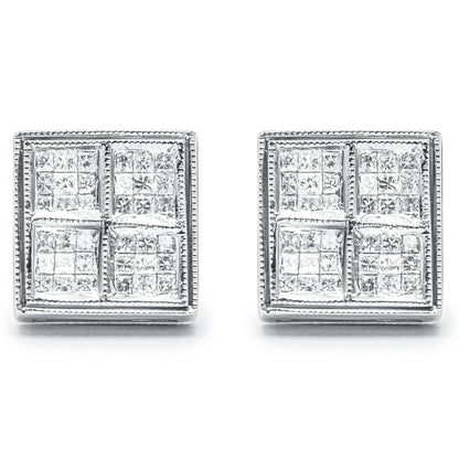 14K White Gold 1/2 Cttw Princess Diamond Composite Box Shape Milgrain Stud Earrings (H-I Color, SI1-SI2 Clarity) - Bijoux-NYC Direct