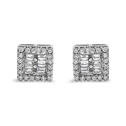 14K White Gold 1 cttw Round and Baguette Diamond Stud Earrings (H-I, SI1-SI2) - Bijoux-NYC Direct