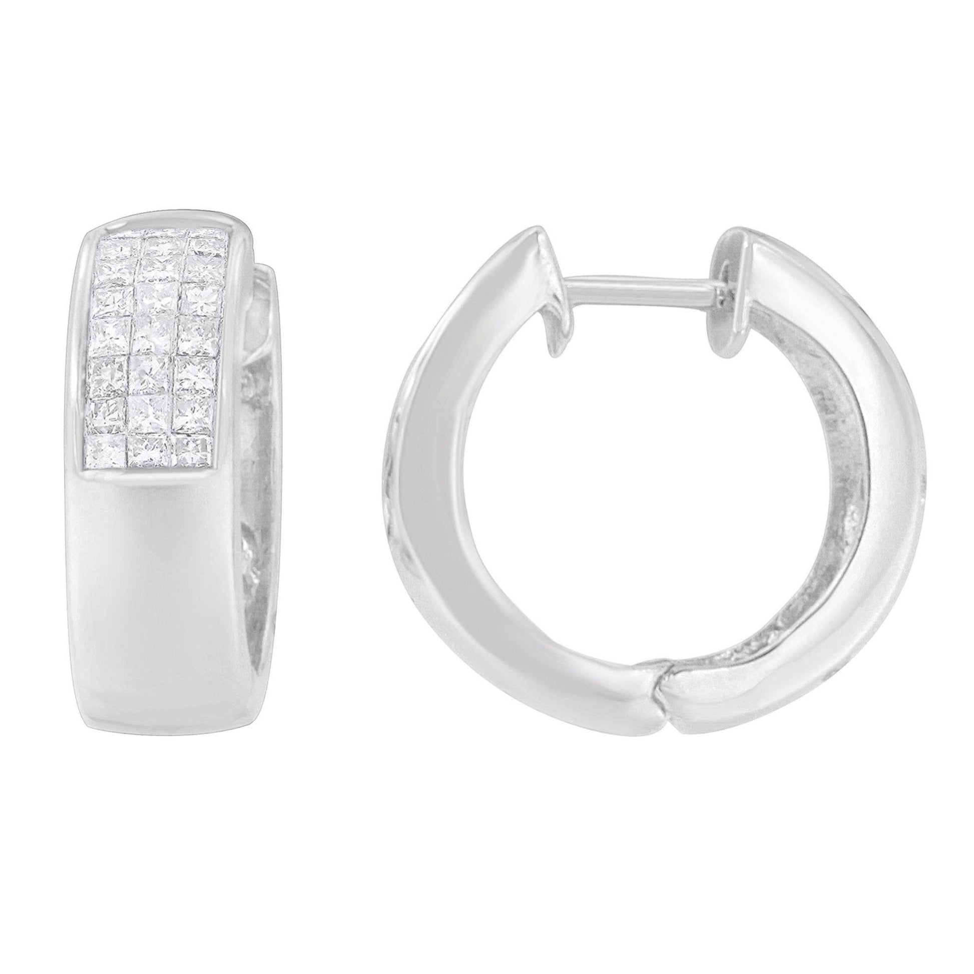 14K White Gold 1 1/8 cttw Princess and Round Cut Diamond Huggie Earrings (H-I, VS1-VS2) - Bijoux-NYC Direct