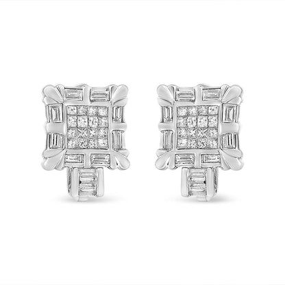 14K White Gold 1.0 Cttw Princess and Baguette-Cut Diamond Square Framed Huggie Hoop Omega Earrings (H-I Color, SI1-SI2 Clarity) - Bijoux-NYC Direct