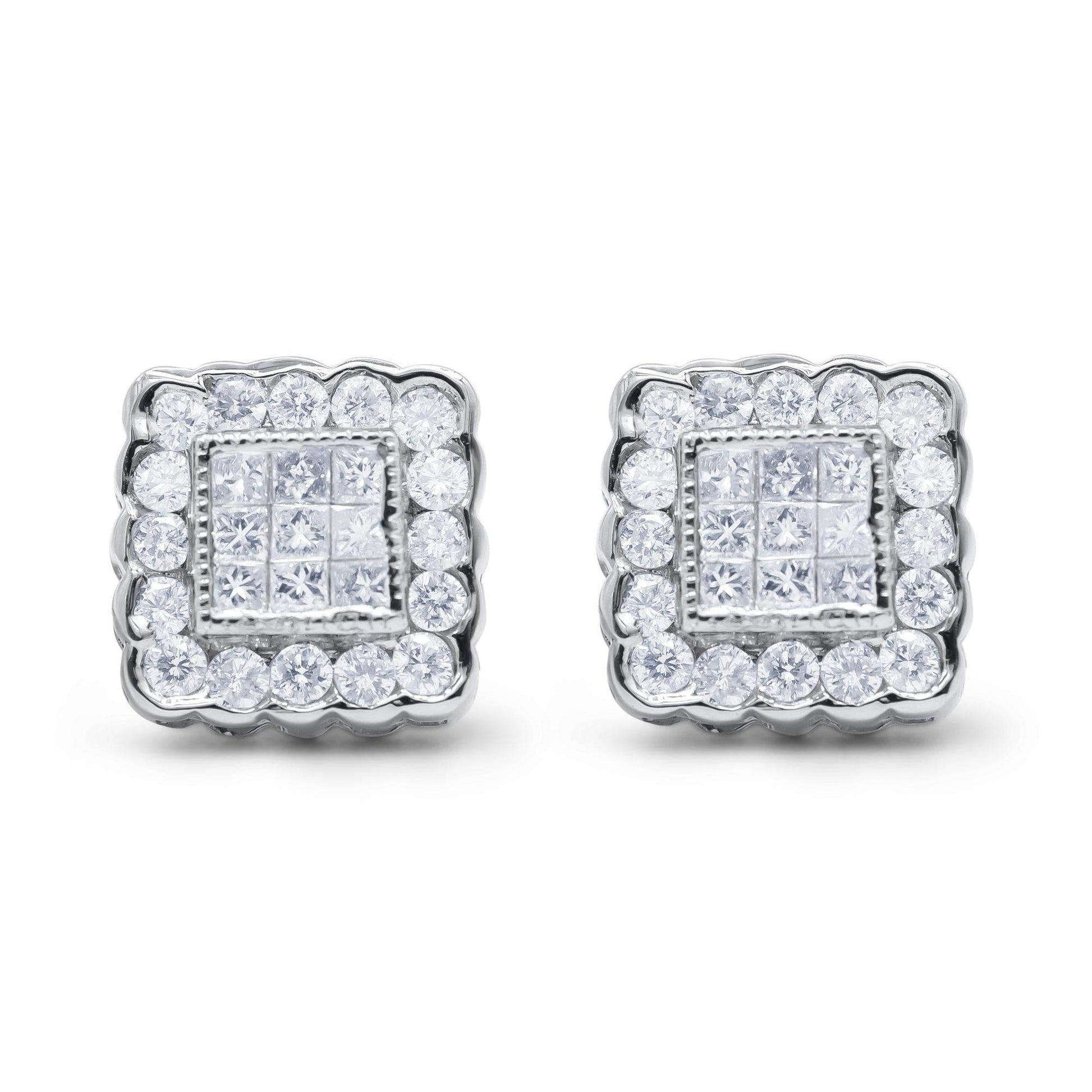 14K White Gold 1.0 Cttw Round Brilliant & Princess Cut Diamond Scallop-Edge Framed Square Halo Stud Earrings (G-H Color, SI1-SI2 Clarity) - Bijoux-NYC Direct