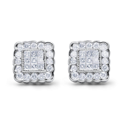 14K White Gold 1.0 Cttw Round Brilliant & Princess Cut Diamond Scallop-Edge Framed Square Halo Stud Earrings (G-H Color, SI1-SI2 Clarity) - Bijoux-NYC Direct