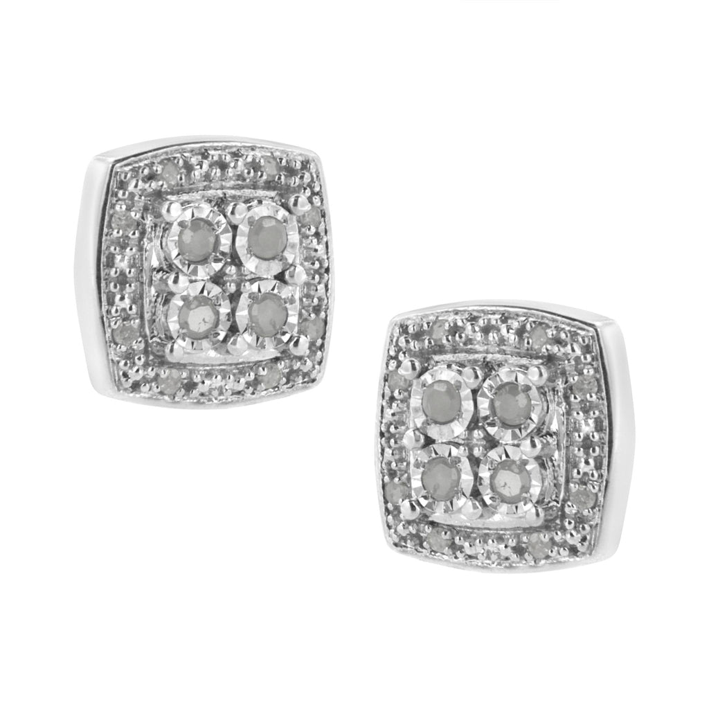 Pair of silver square earrings with gemstones on a white background