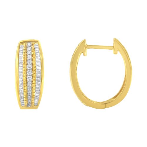 Gold hoop earrings with embedded stones on a white background