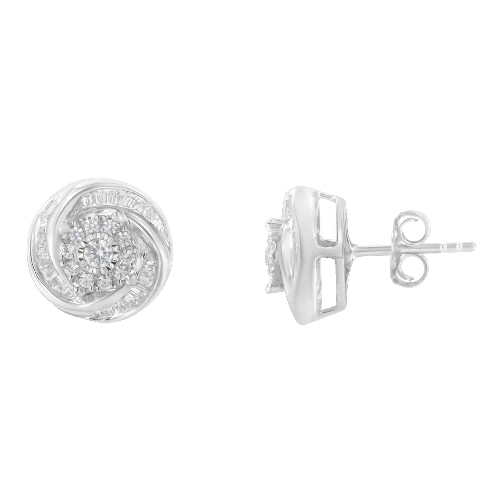 .925 Sterling Silver 3/4 Cttw Round and Baguette-Cut Diamond Love Knot Stud Earring (I-J Color, I2-I3 Clarity) - Bijoux-NYC Direct