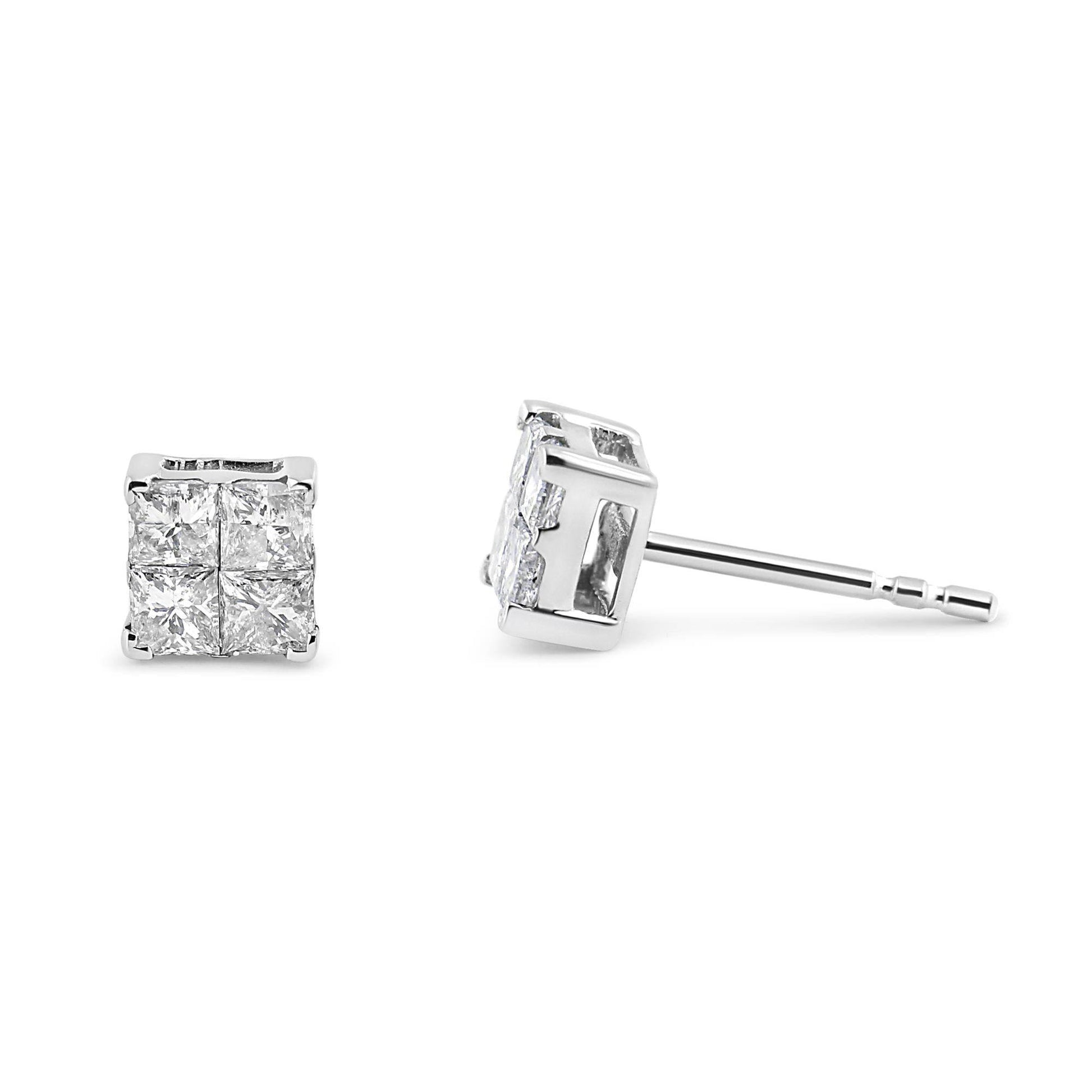 10K White Gold 1.00 cttw Invisible Set Princess-Cut Diamond Composite Square Shape Stud Earrings (G-H Color, I2-I3 Clarity) - Bijoux-NYC Direct