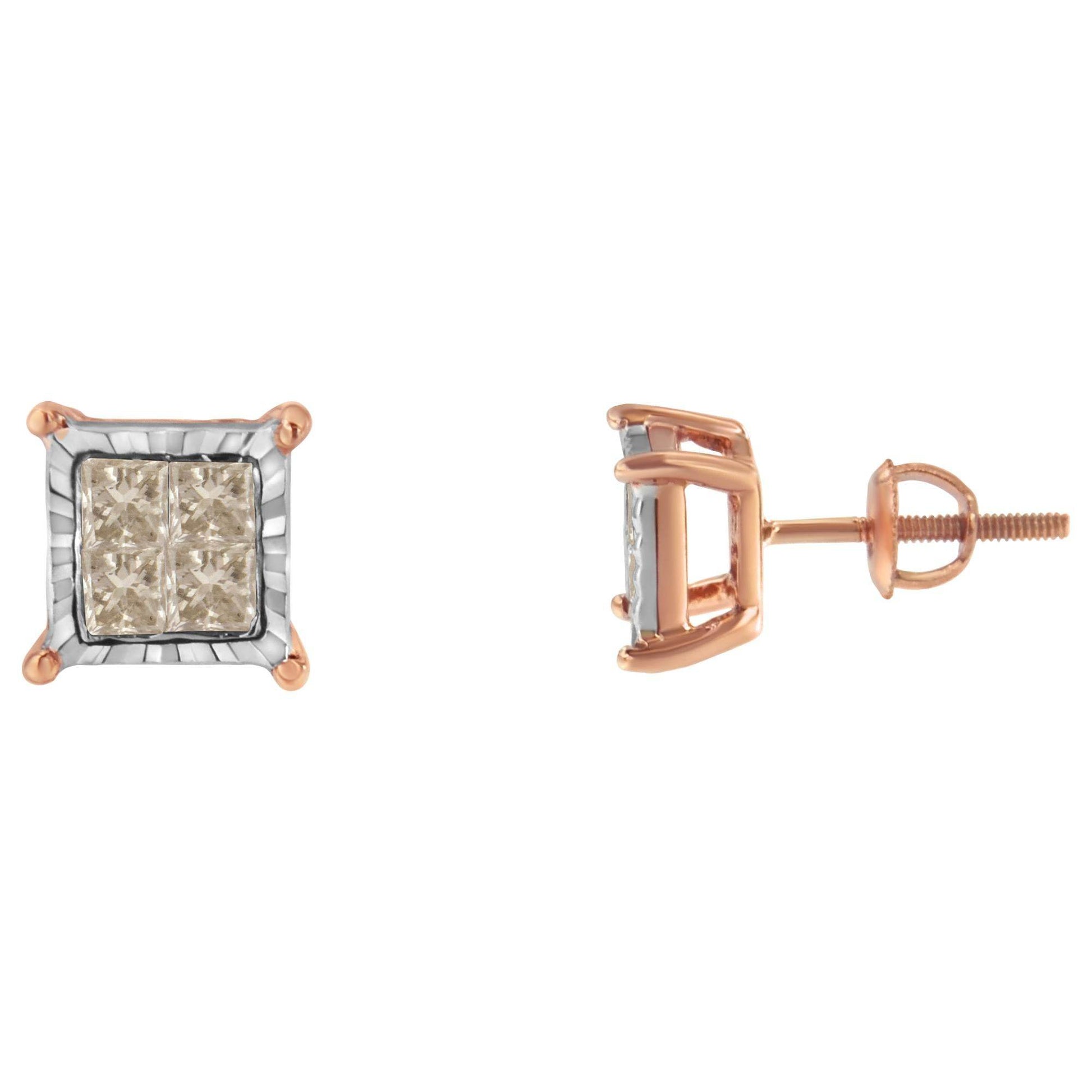 10K Two-Toned Princess-Cut Composite Diamond Stud Earrings (1/2 cttw, J-K Color, I1-I2 Clarity) - Bijoux-NYC Direct