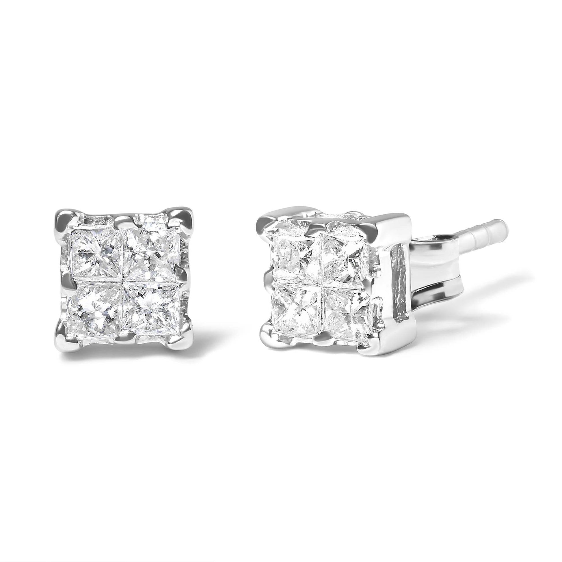 .925 Sterling Silver 1/4 Cttw Invisible Set Princess Diamond Composite Quad Stud Earrings (I-J Color, I1-I2 Clarity) - Bijoux-NYC Direct