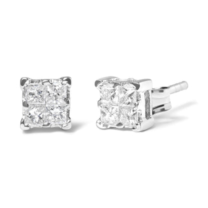 .925 Sterling Silver 1/4 Cttw Invisible Set Princess Diamond Composite Quad Stud Earrings (I-J Color, I1-I2 Clarity) - Bijoux-NYC Direct