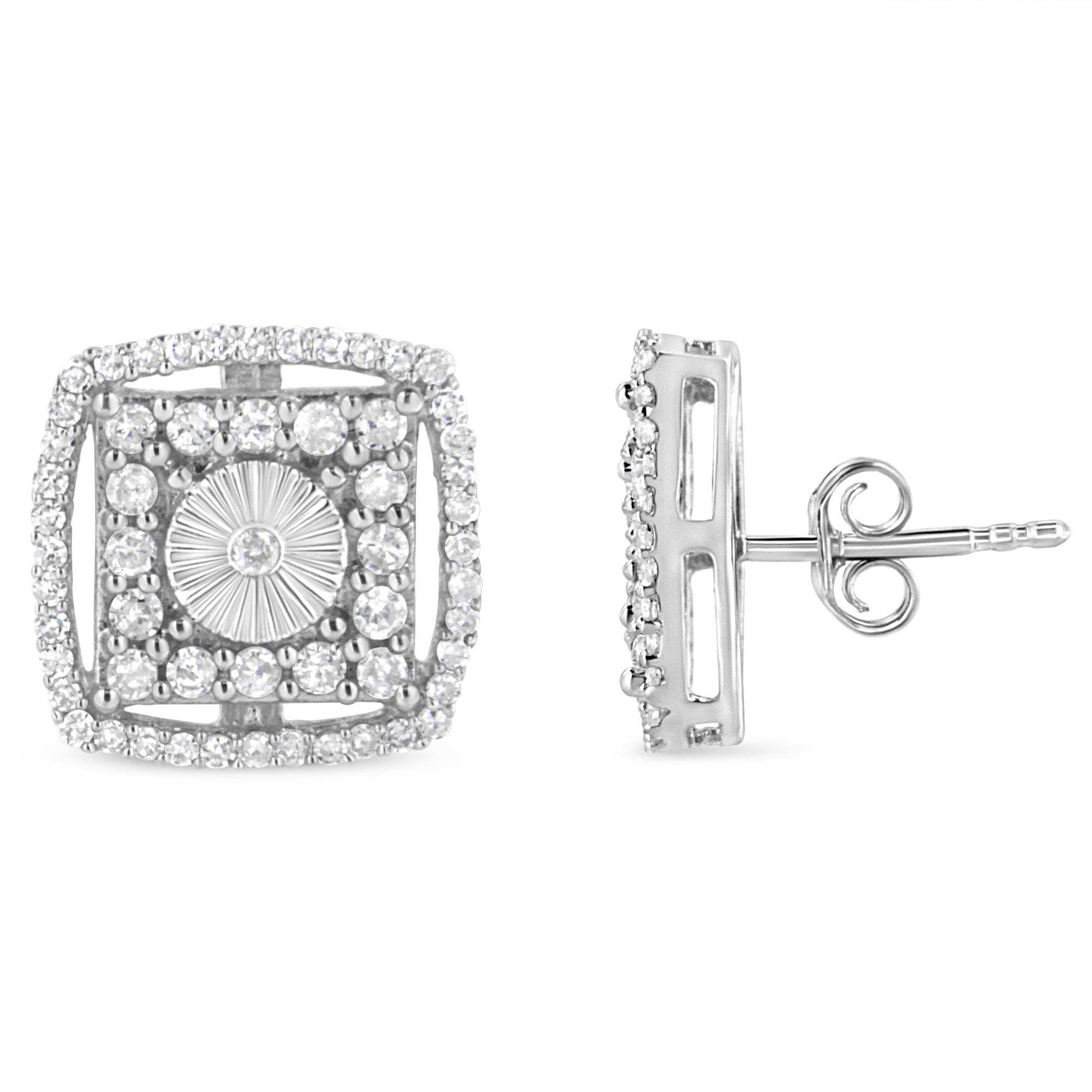 .925 Sterling Silver 1.0 Cttw Round Diamond Double Halo and Disc Stud Earring (I-J Color, I2-I3 Clarity) - Bijoux-NYC Direct