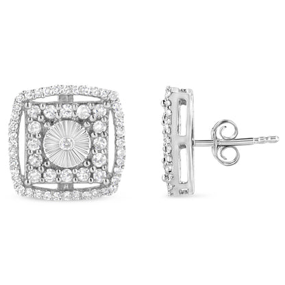 .925 Sterling Silver 1.0 Cttw Round Diamond Double Halo and Disc Stud Earring (I-J Color, I2-I3 Clarity) - Bijoux-NYC Direct