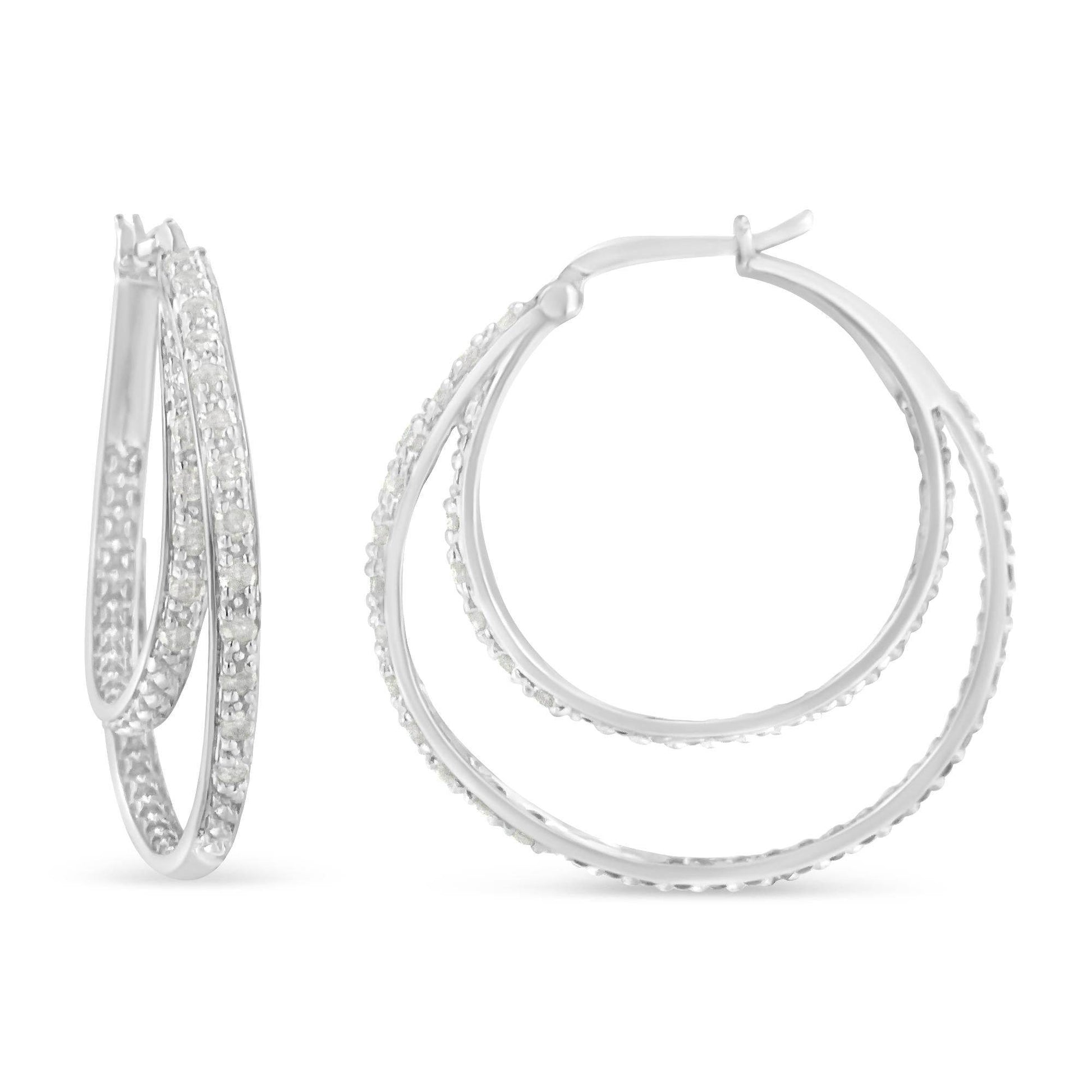 .925 Sterling Silver 1/2 cttw Miracle-Set Diamond Double Hoop with Latchback Earrings (I-J Color, I3 Clarity) - Bijoux-NYC Direct
