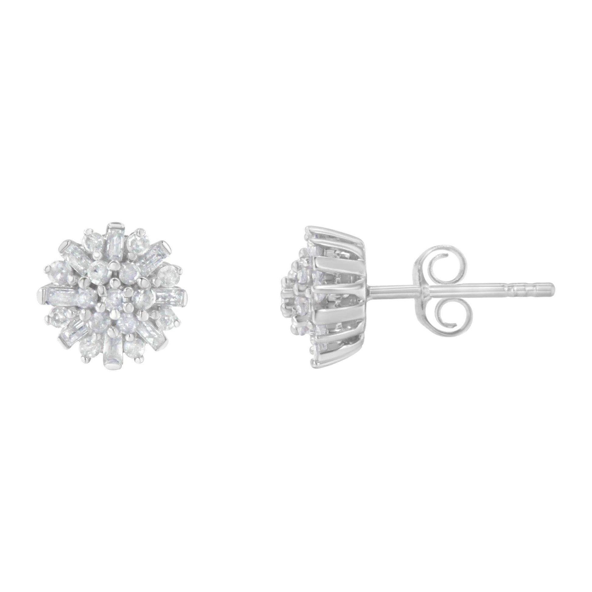 .925 Sterling Silver 1/2 Round and Baguette Diamond Sunburst Floral Cluster Stud Earrings (I-J Color, I3 Clarity) - Bijoux-NYC Direct