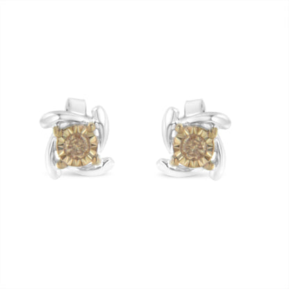 Two-Toned Sterling-Silver Diamond Stud Earring (0.10 cttw, Champagne Color, I2-I3 Clarity) - Bijoux-NYC Direct