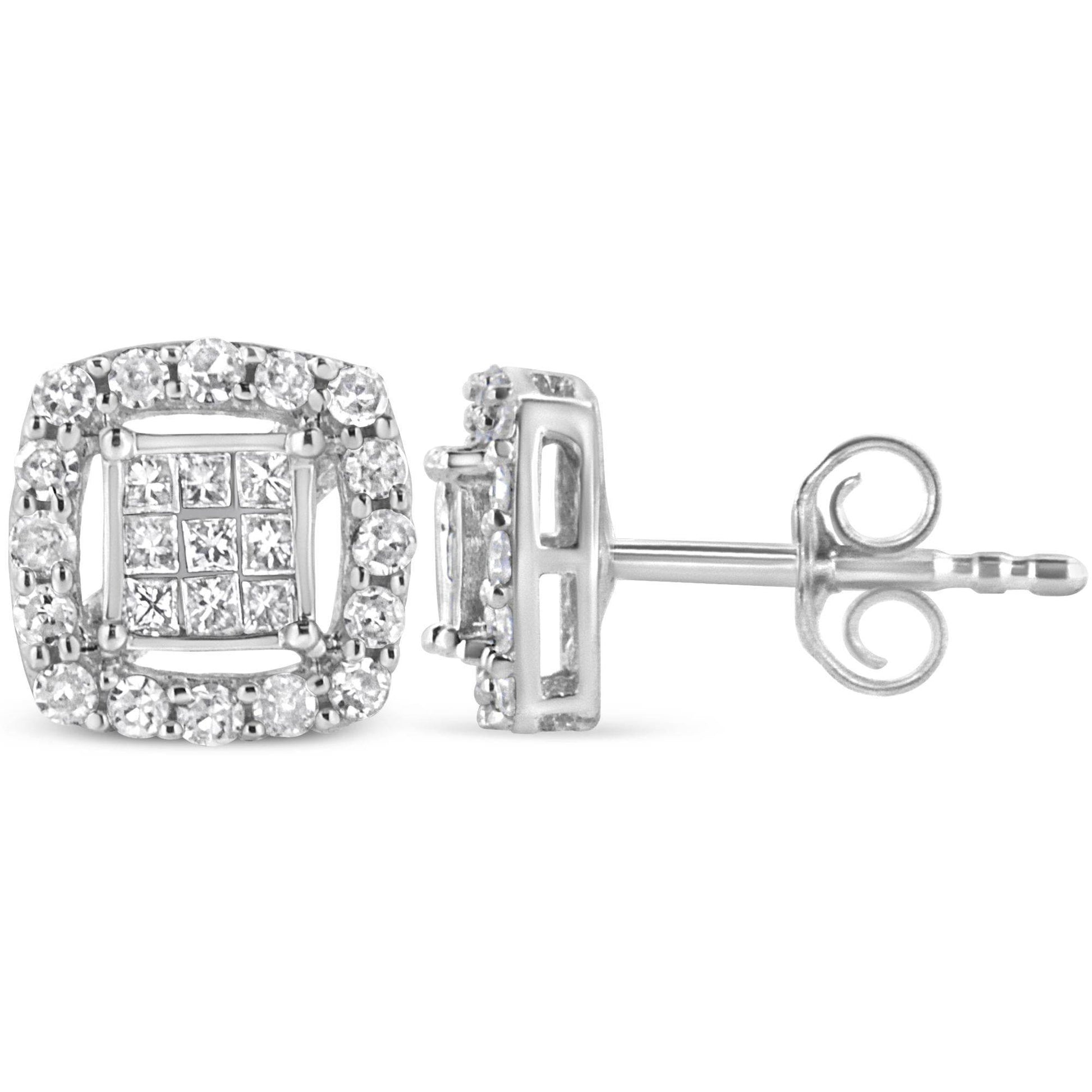 .925 Sterling Silver 1/2 Cttw Round and Princess-Cut Diamond Stud Earrings (I-J Color, I1-I2 Clarity) - Bijoux-NYC Direct