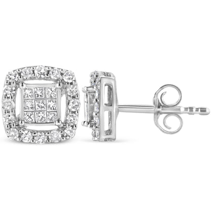 .925 Sterling Silver 1/2 Cttw Round and Princess-Cut Diamond Stud Earrings (I-J Color, I1-I2 Clarity) - Bijoux-NYC Direct