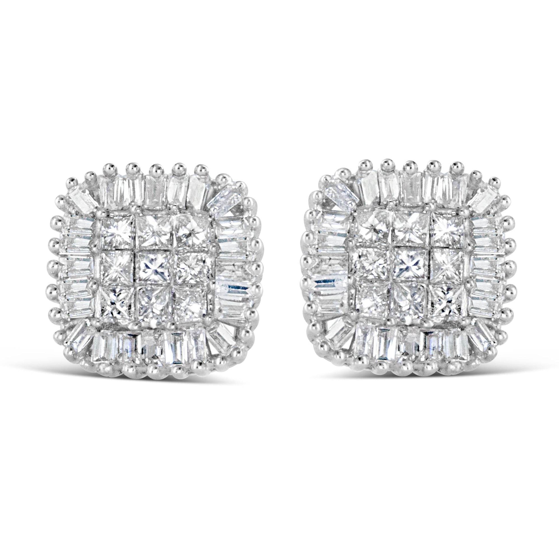 10K White Gold 1/2 Cttw Invisible-Set Princess Cut & Prong-Set Baguette Diamond Composite Stud Earrings (H-I Color, I1-I2 Clarity) - Bijoux-NYC Direct