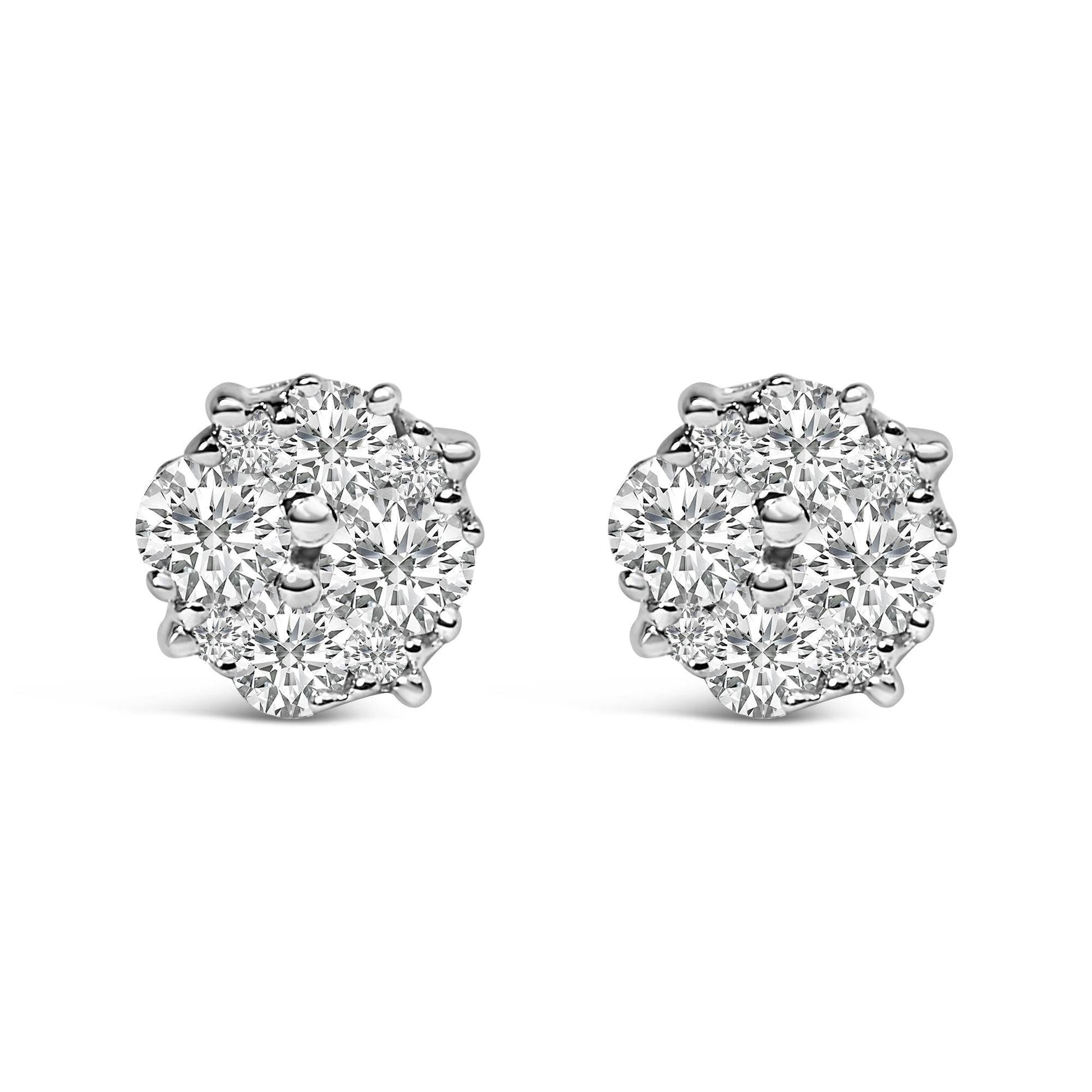 .925 Sterling Silver 1/2 cttw Prong Set Round-Cut Diamond Cluster Stud Earring (I-J Color, I2-I3 Clarity) - Bijoux-NYC Direct