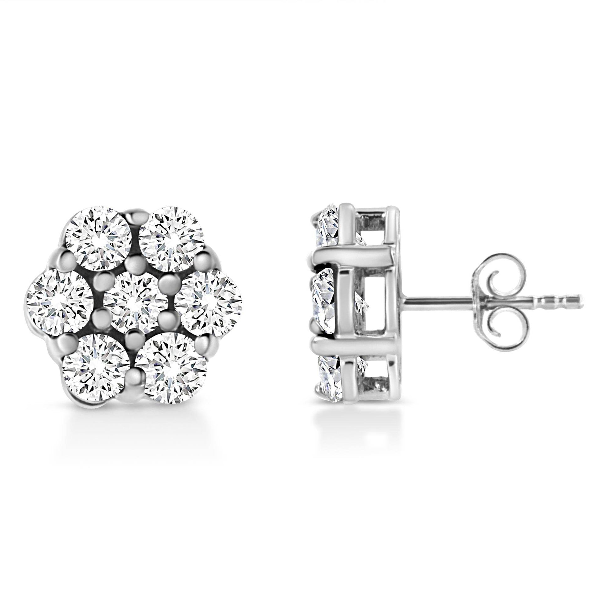 14K White Gold 1/2 Cttw Prong Set Round-Cut Diamond Flower Stud Earring (H-I Color, I1-I2 Clarity) - Bijoux-NYC Direct