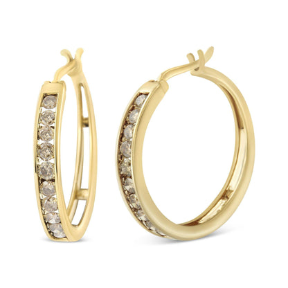 14K Yellow Gold Plated .925 Sterling Silver 1.0 Cttw Channel Set Champagne Diamond Hoop Earrings with Snap Post (K-L Color, I1-I2 Clarity) - Bijoux-NYC Direct