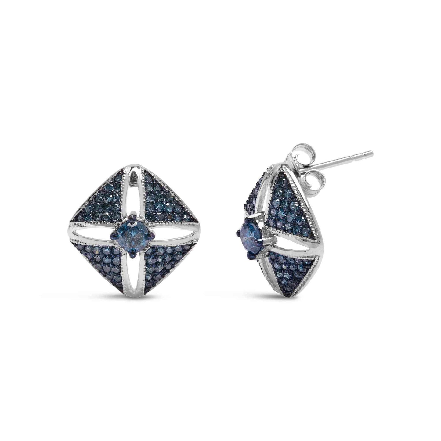 .925 Sterling Silver 1.0 Cttw Blue Diamond Studded Rhombus Stud Earring (Blue Color, I2-I3 Clarity) - Bijoux-NYC Direct