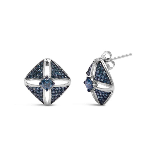 .925 Sterling Silver 1.0 Cttw Blue Diamond Studded Rhombus Stud Earring (Blue Color, I2-I3 Clarity) - Bijoux-NYC Direct