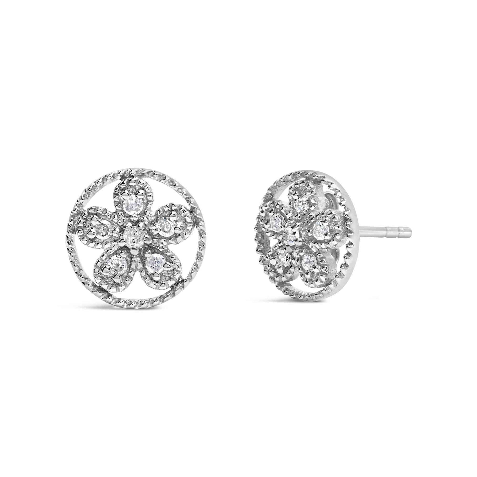 .925 Sterling Silver Diamond Accent Star and Wheel Milgrain Style Stud Earrings (I-J Color, I2-I3 Clarity) - Bijoux-NYC Direct