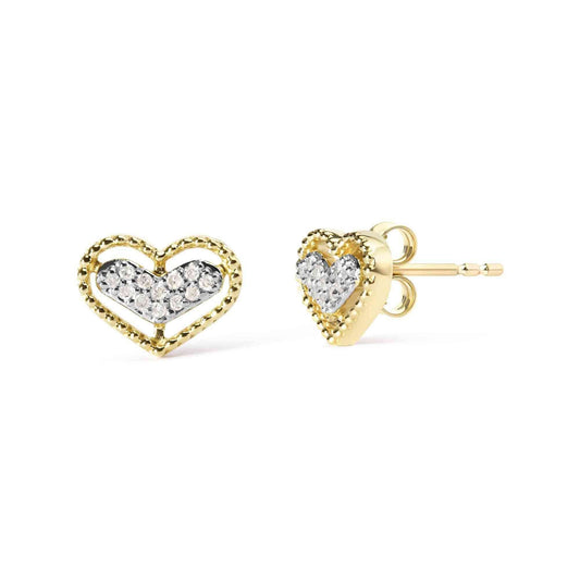 10K Yellow Gold 1/10 Cttw Diamond Heart and Beaded Halo Stud Earrings (I-J Color, I1-I2 Clarity) - Bijoux-NYC Direct