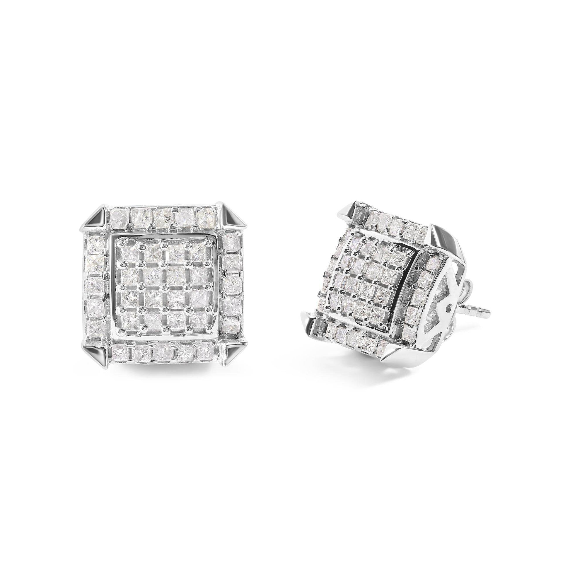 10K White Gold 1 1/10 Cttw Princess Diamond Composite and Halo Stud Earrings (I-J Color, I1-I2 Clarity) - Bijoux-NYC Direct