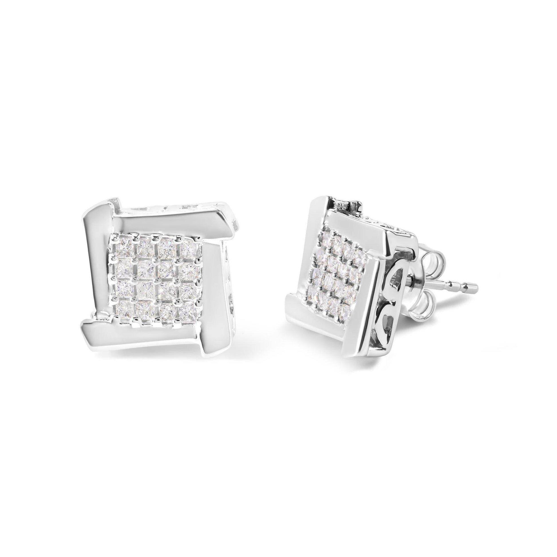 10K White Gold 1/2 Cttw Composite Princess Diamond Square and Swirl Stud Earrings (I-J Color, I1-I2 Clarity) - Bijoux-NYC Direct