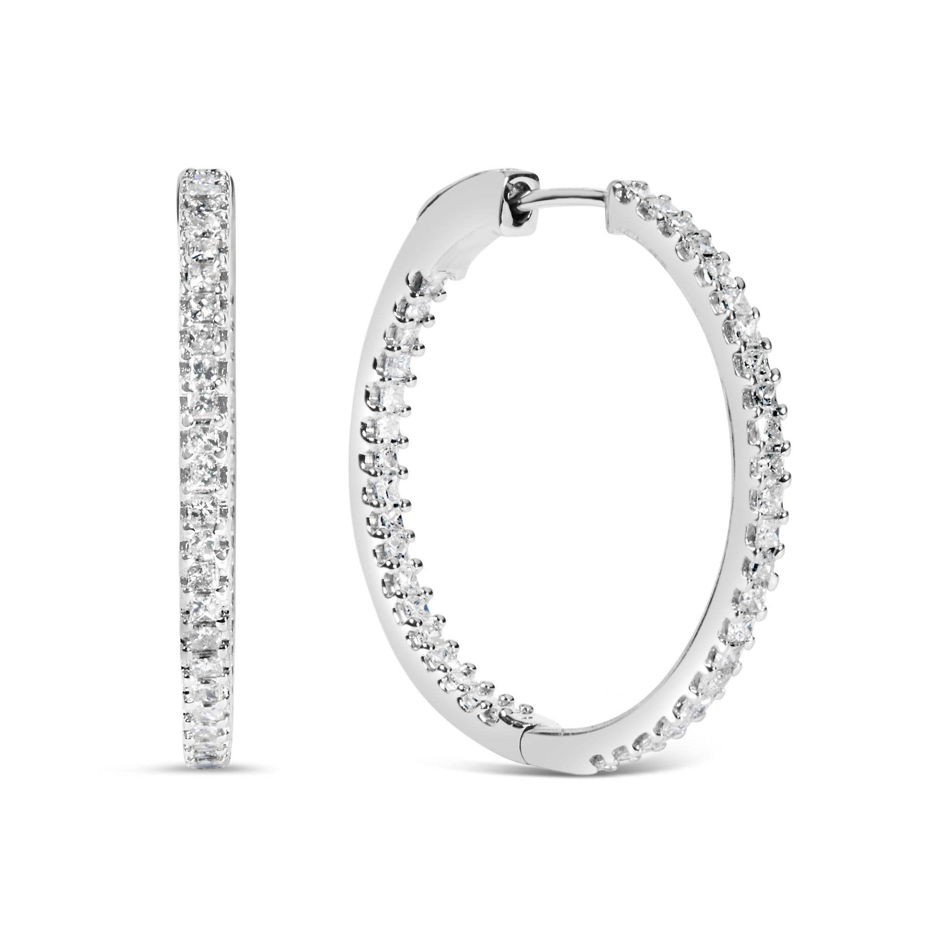 14K White Gold 1.0 Cttw Princess Diamond Inside Out Hoop Earrings (H-I Color, I1-I2 Clarity) - 23 MM - Bijoux-NYC Direct