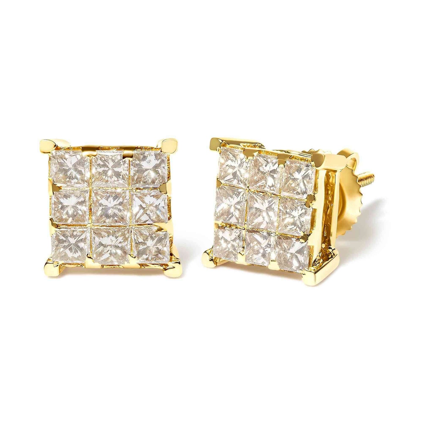 14K Yellow Gold 1 1/2 Cttw Invisible Set Princess-Cut Diamond 9 Stone Square Stud Earrings (J-K Color, SI2-I1 Clarity) - Bijoux-NYC Direct