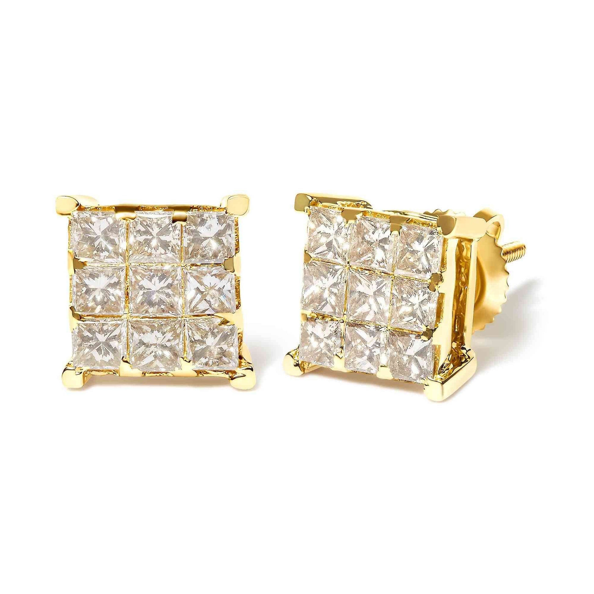 14K Yellow Gold 1 1/2 Cttw Invisible Set Princess-Cut Diamond 9 Stone Square Stud Earrings (J-K Color, SI2-I1 Clarity) - Bijoux-NYC Direct