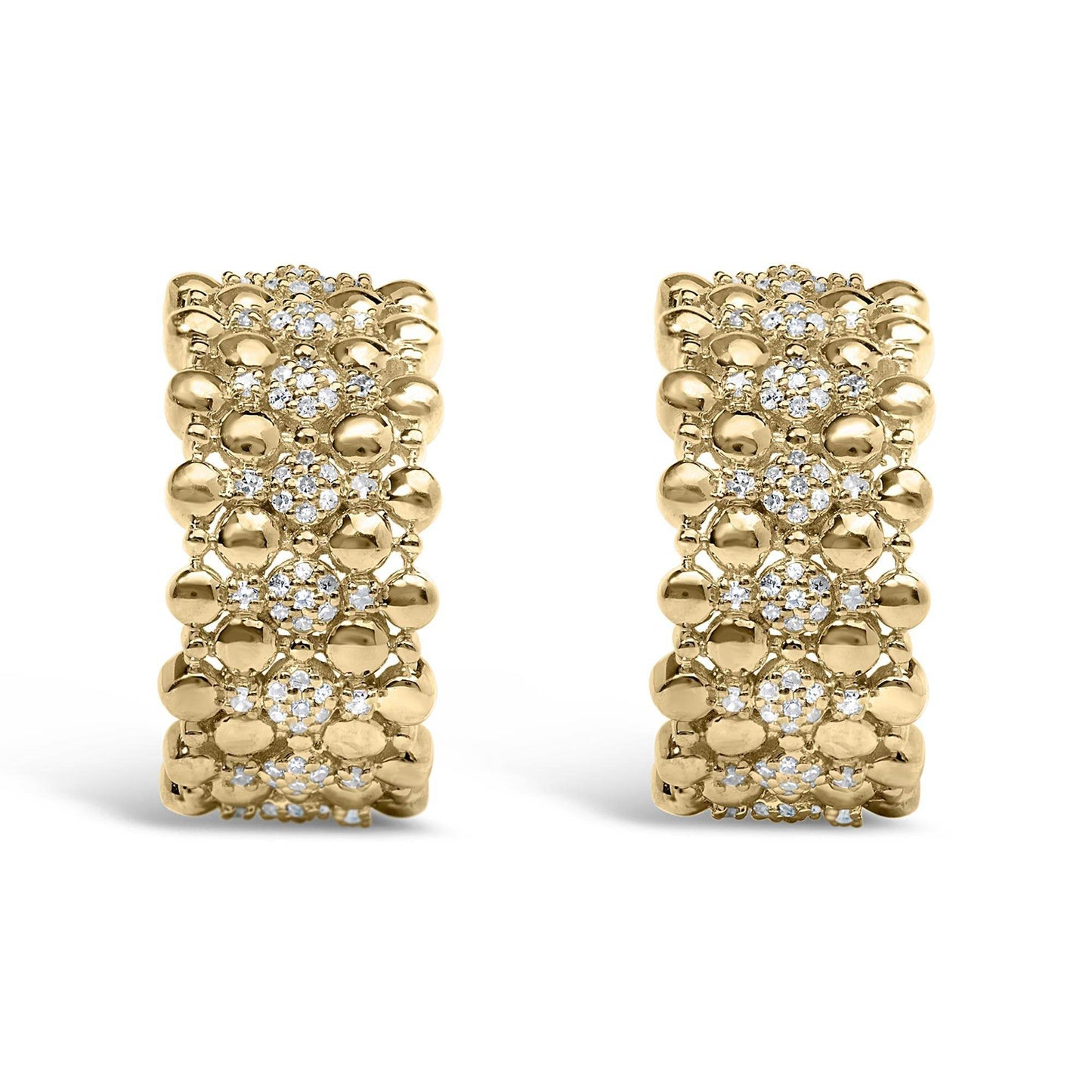 14K Yellow Gold Plated .925 Sterling Silver 1/3 Cttw Diamond and Ball Bead J Hoop Earrings (H-I Color, I1-I2 Clarity) - Bijoux-NYC Direct