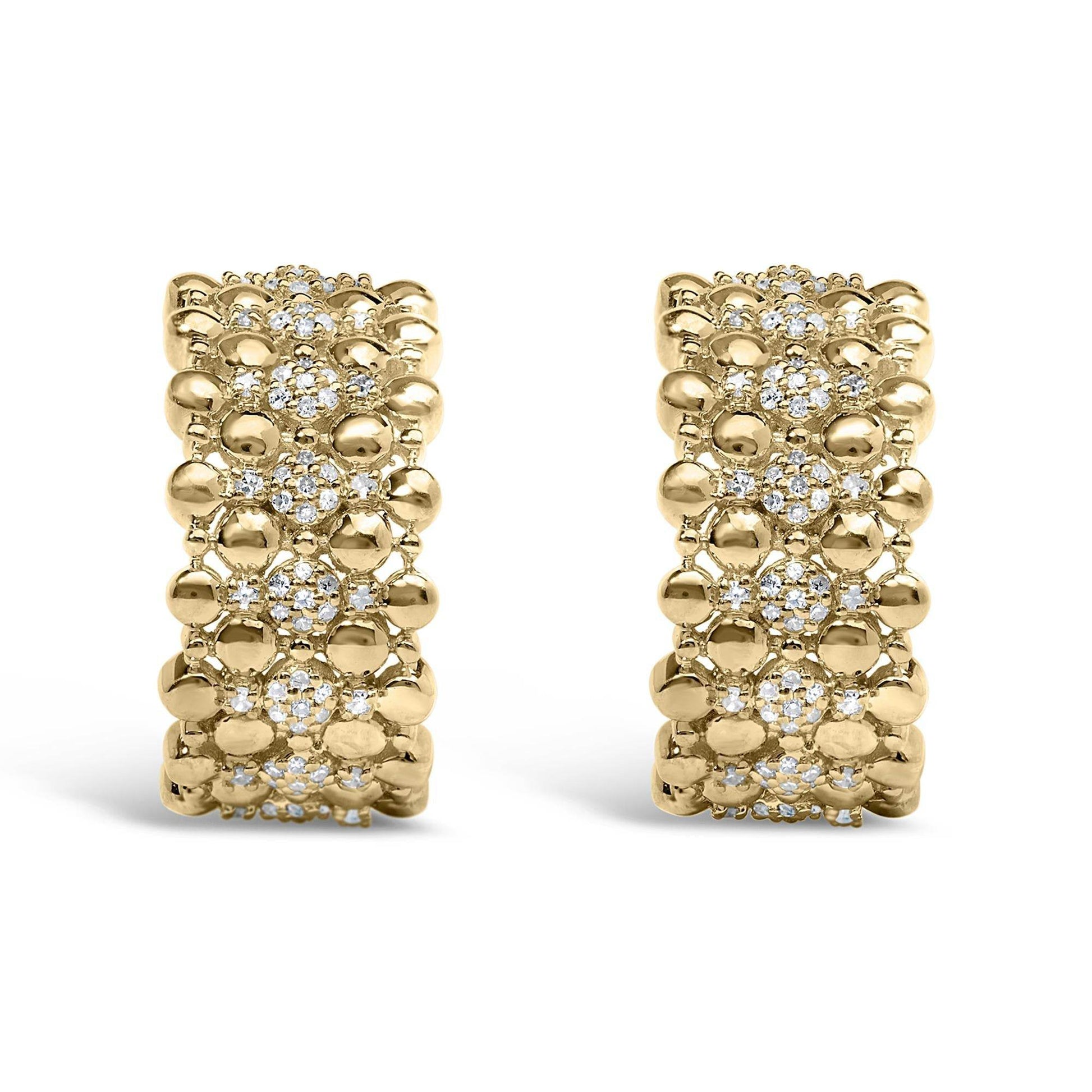 14K Yellow Gold Plated .925 Sterling Silver 1/3 Cttw Diamond and Ball Bead J Hoop Earrings (H-I Color, I1-I2 Clarity) - Bijoux-NYC Direct