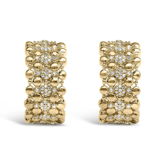 14K Yellow Gold Plated .925 Sterling Silver 1/3 Cttw Diamond and Ball Bead J Hoop Earrings (H-I Color, I1-I2 Clarity) - Bijoux-NYC Direct