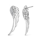Silver angel wing earrings with embedded stones on a white background
