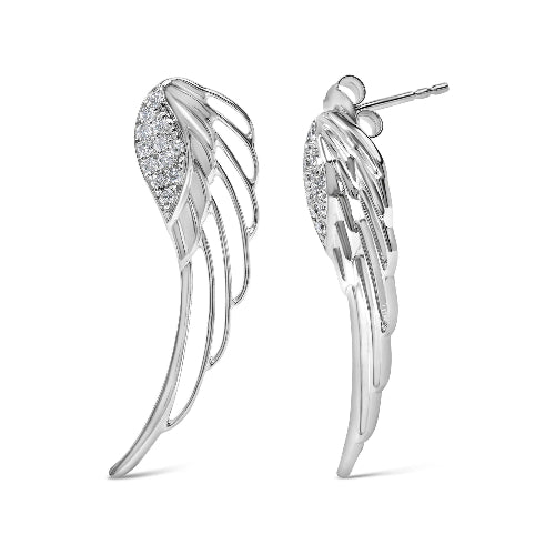 Silver angel wing earrings with embedded stones on a white background