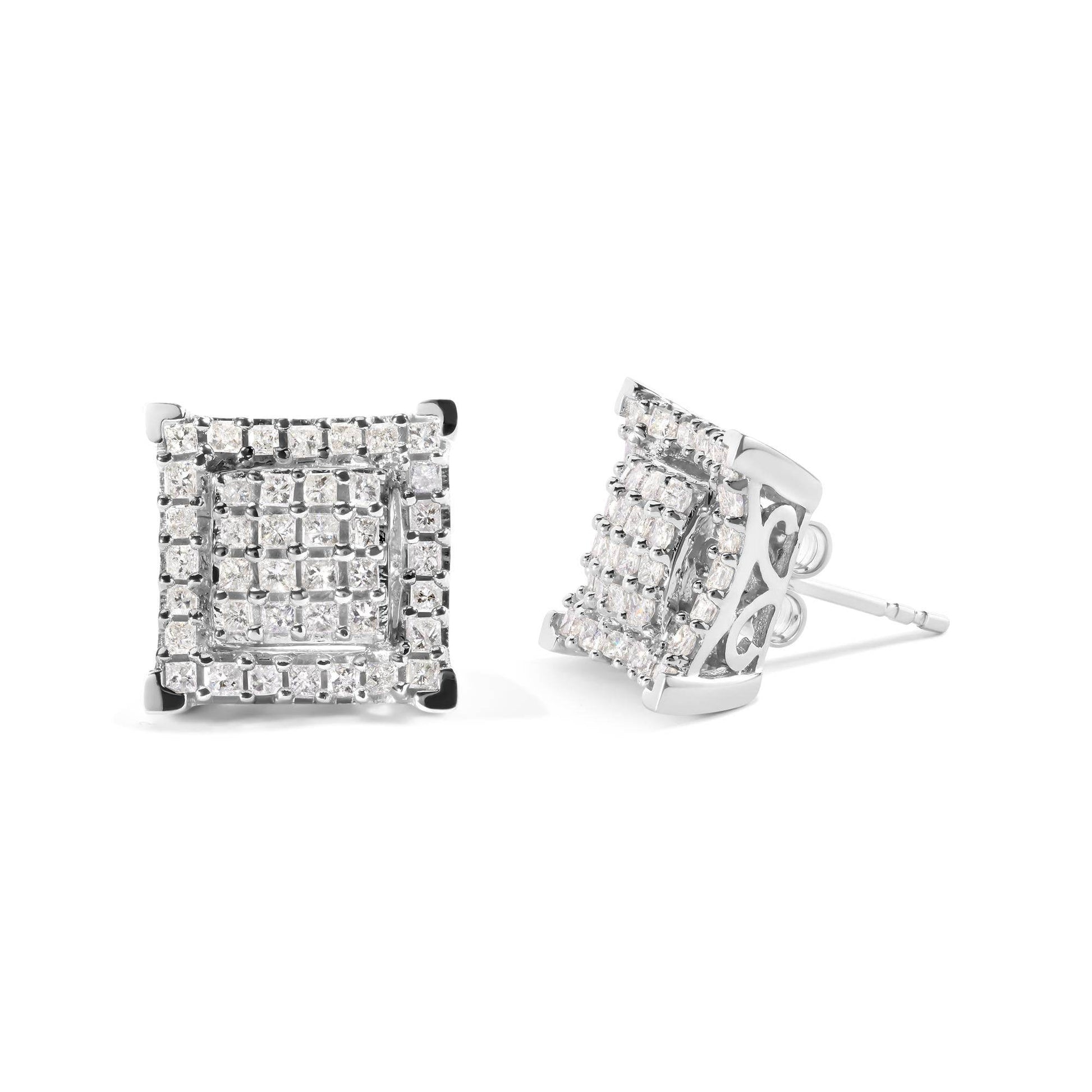 10K White Gold 1 1/4 Cttw Princess Diamond Composite Double Square and Halo Stud Earrings (I-J Color, I1-I2 Clarity) - Bijoux-NYC Direct