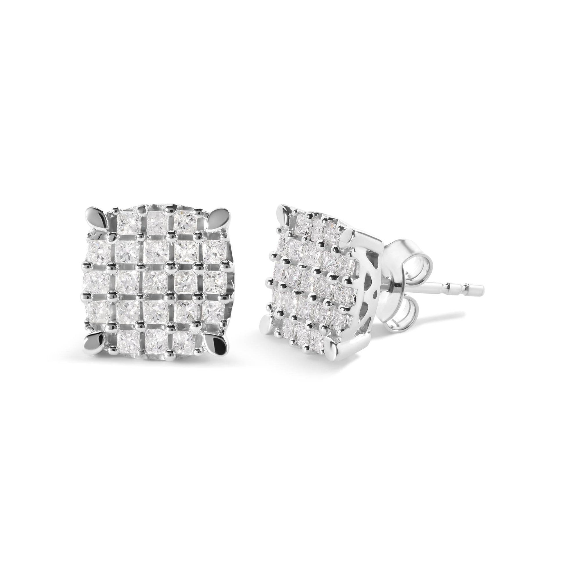 10K White Gold 3/4 Cttw Princess Diamond Composite Cushion Shape Stud Earrings (I-J Color, I1-I2 Clarity) - Bijoux-NYC Direct