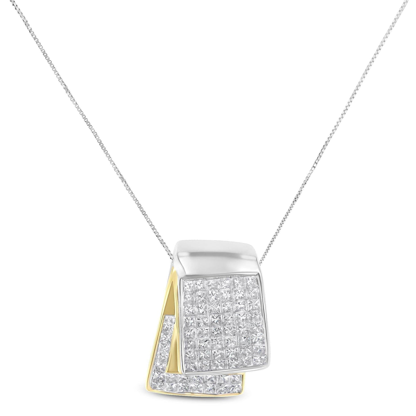 14K White and Yellow Gold 2.0 Cttw Princess Cut Diamond Two Tone Foldover Box Pendant 18” Box Chain Necklace (H-I Color, SI1-SI2 Clarity) - Bijoux-NYC Direct