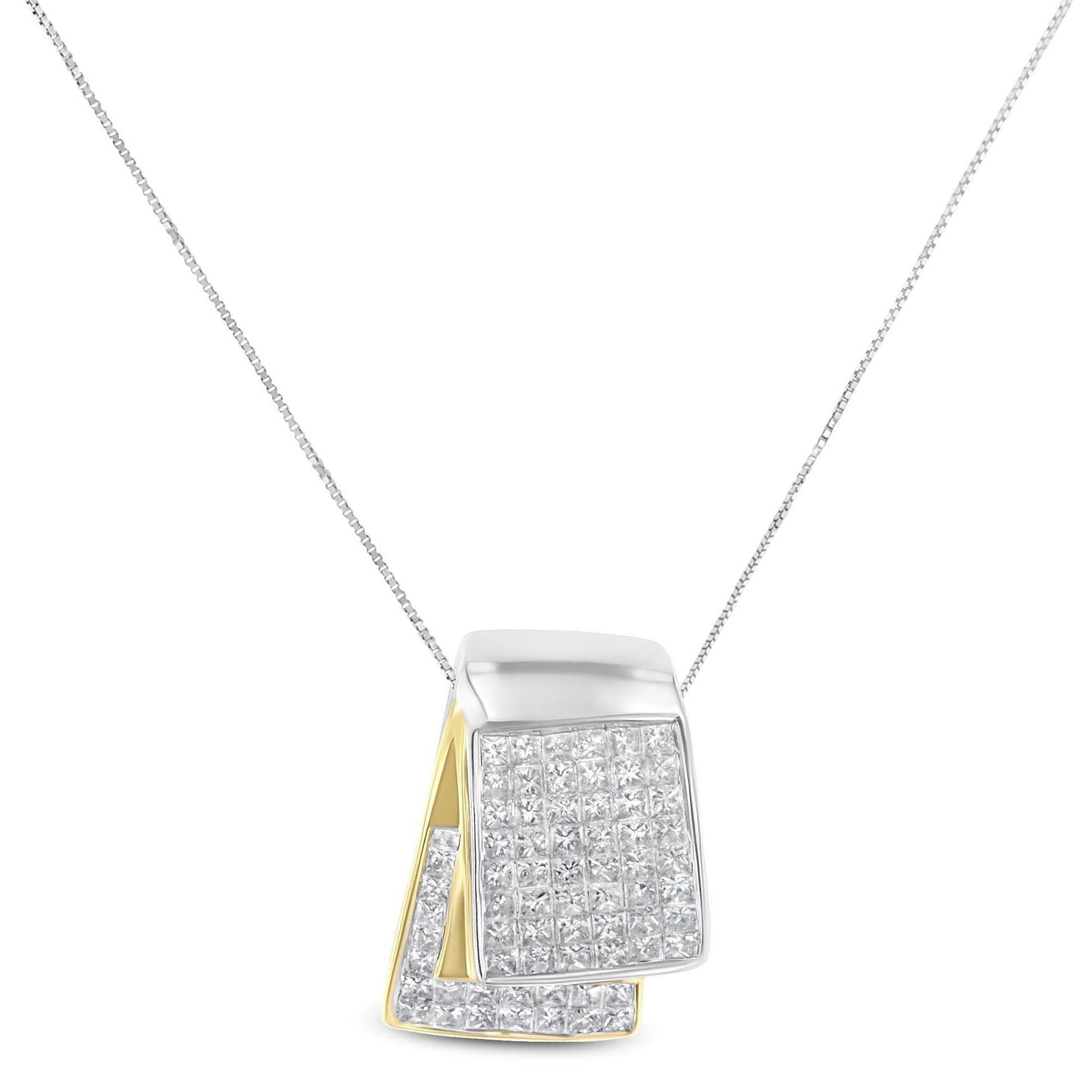 14K White and Yellow Gold 2.0 Cttw Princess Cut Diamond Two Tone Foldover Box Pendant 18” Box Chain Necklace (H-I Color, SI1-SI2 Clarity) - Bijoux-NYC Direct
